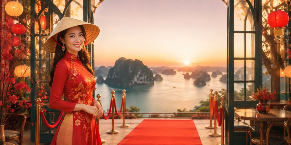 Người chơi bài tại vịnh Hạ Long với nón lá truyền thống