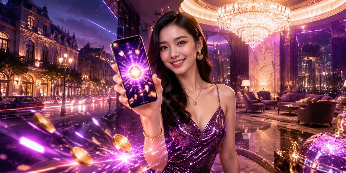 Giao diện casino mobile với hiệu ứng đèn neon tại Hà Nội về đêm