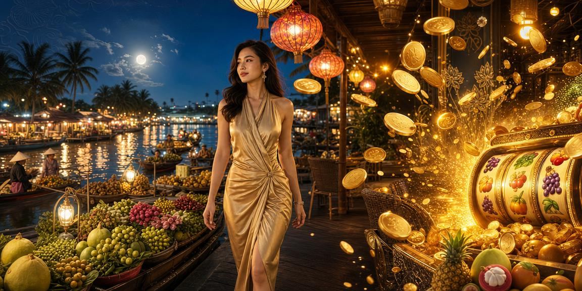 Người dùng chơi slot game tại chợ đêm vùng Mekong qua điện thoại